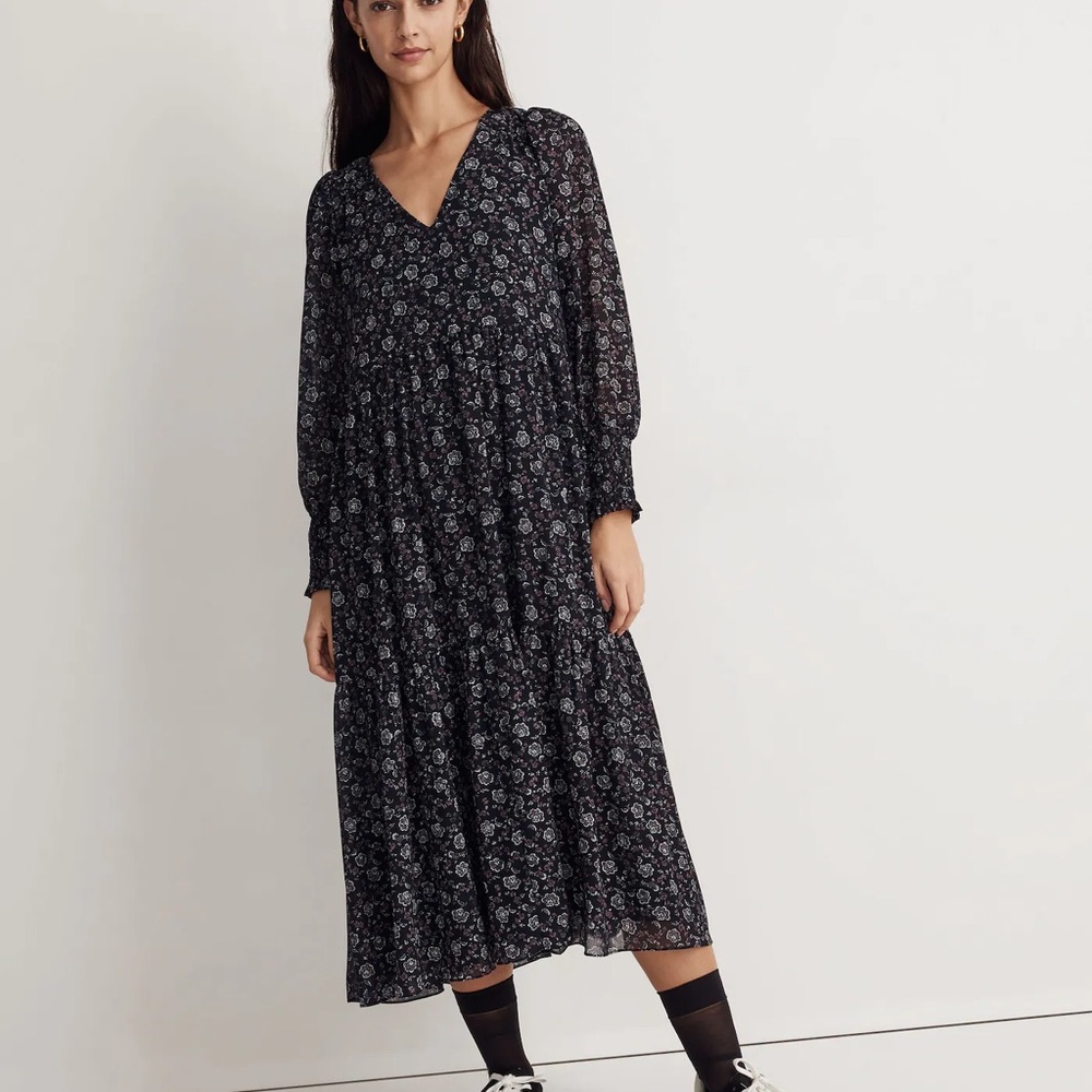 Madewell Dark Blue Floral Long Sleeve Dress